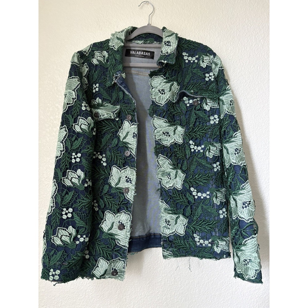 Valabasas Jacket Mens XL Lace Floral Crochet Trucker Denim